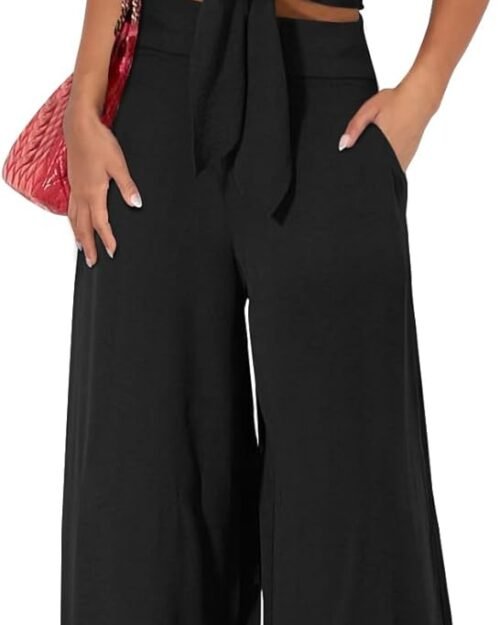 Women's V Neck Belted Crop Top Wide Leg Pant Set