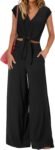 Women's V Neck Belted Crop Top Wide Leg Pant Set