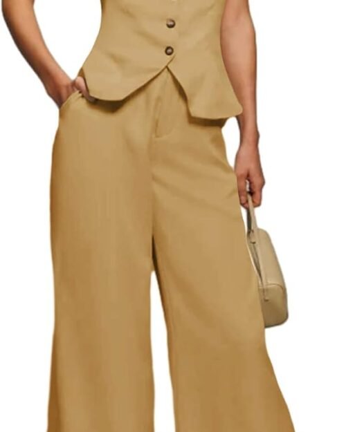 Women's Button Crop Blazer Vest and Wide Leg Pant Set
