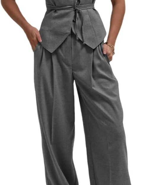 Women's V Neck Tie Waist Blazer Vest Wide Leg Pants Set