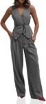 Women's V Neck Tie Waist Blazer Vest Wide Leg Pants Set