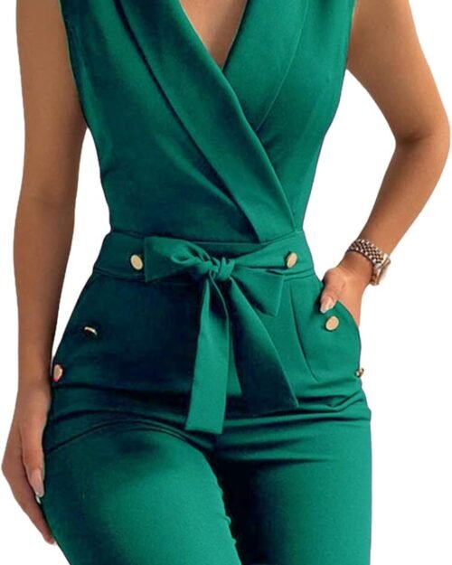 Women's V Neck Sleeveless Belted Wide Leg Jumpsuit with Pockets