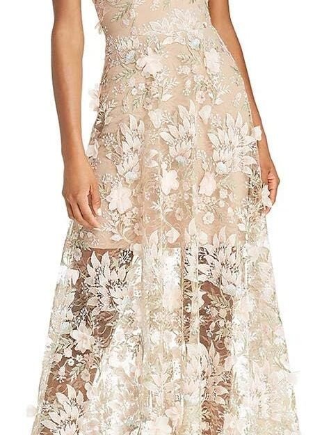 Women's Embellished Plunging Sleeveless Floral Long Dress