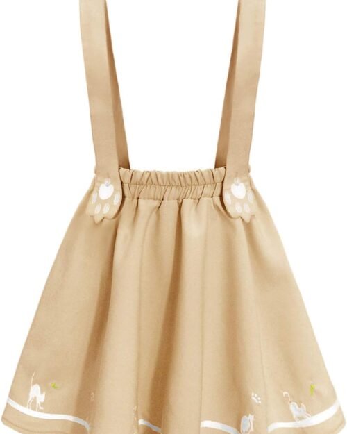 Women's Cat Paw Embroidery Pleated Suspender Mini Skirt