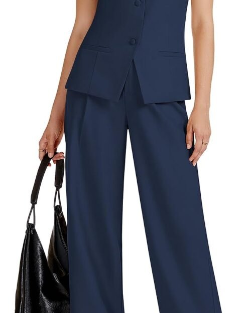 Women's Sleeveless Crewneck Vest Wide Leg Pantsuit Set