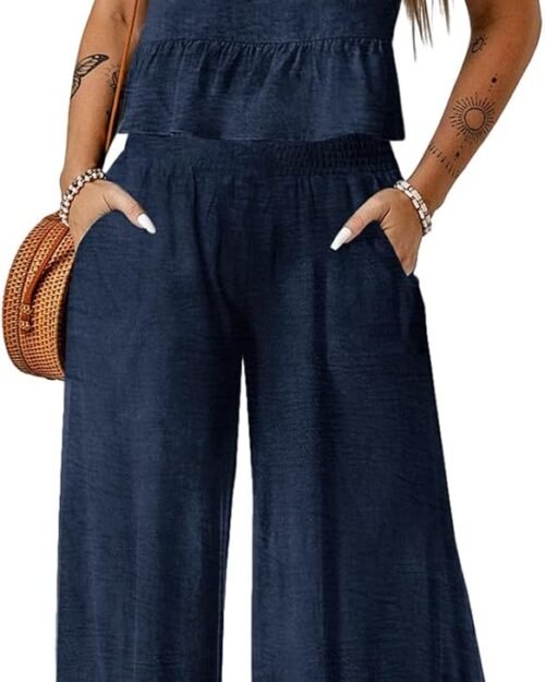 Women's Sleeveless Round Neck Tank Top Wide Leg Pant Set