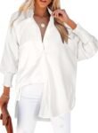Women's Smocked Cuffed Striped Boyfriend Blouse
