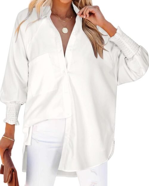 Women's Smocked Cuffed Striped Boyfriend Blouse