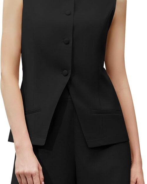 Women's Sleeveless Round Neck Button Down High Waisted Pants Set