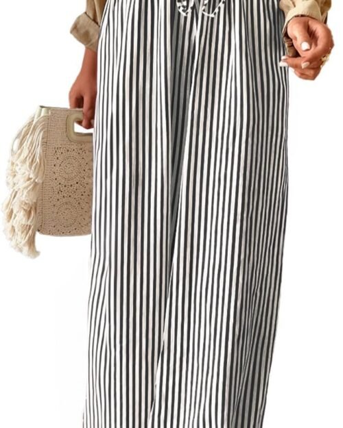 Women's Striped Drawstring Elastic Waist Wide Leg Pants