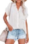 Women's Short Sleeve Linen V Neck Striped Button Down Blouse
