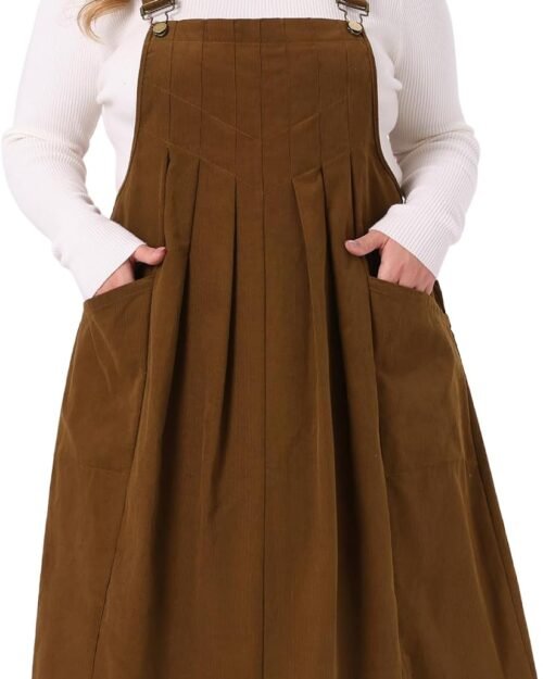 Plus Size Women's Corduroy Pleated Adjustable Strap Suspender Skirt