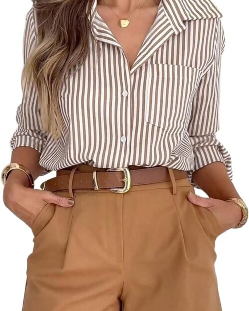 Women's Striped Button Down Work Shirt with Pocket