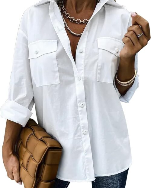 Women's Casual Drop Shoulder Long Sleeve Button Down Blouse