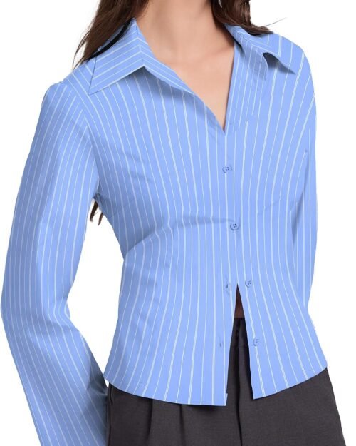 Women's Striped Flare Sleeve Button Down Work Blouse