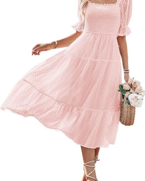 Women's Square Neck Puff Sleeve Swiss Dot Boho Midi Dress