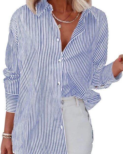 Women's Classic Striped Long Sleeve Collared Work Blouse