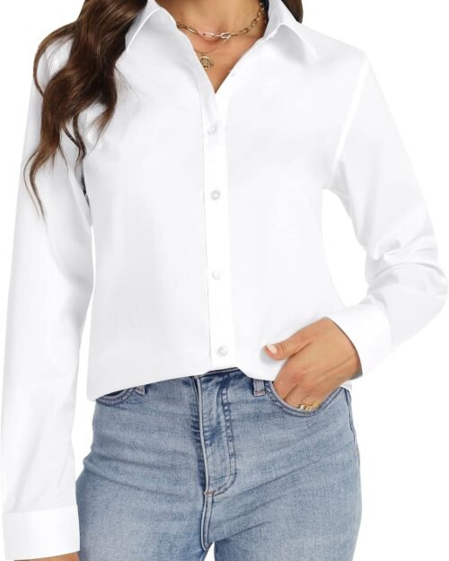 Women's Stretch Solid Long Sleeve Button Down Work Blouse