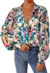 Women's Floral V Neck Long Sleeve Boho Button Down Blouse