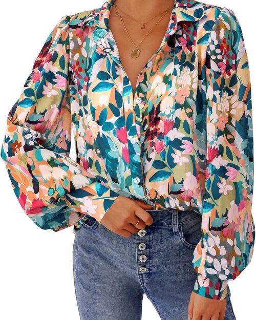 Women's Floral V Neck Long Sleeve Boho Button Down Blouse