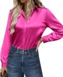 Women's Casual Satin Long Sleeve Button Down Blouse