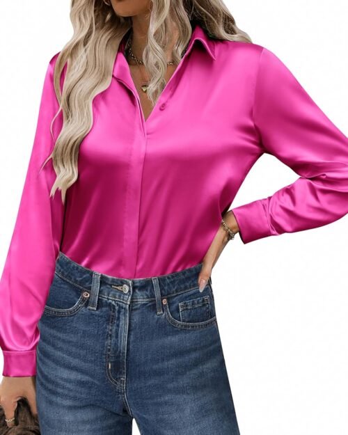 Women's Casual Satin Long Sleeve Button Down Blouse